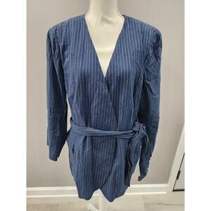 Lane Bryant Womens Blazer Size 20 Blue Stripe Linen Blend Career Work Belt